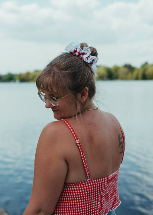 Red Gingham and Lace ScrunchieWebster Wax Company