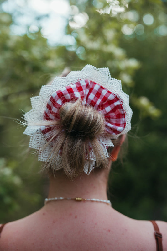 Red Gingham with Heart Lace ScrunchieWebster Wax Company