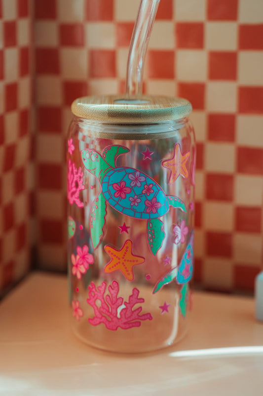 Turtle and Coral Sea Inspired Glass CupWebster Wax Company